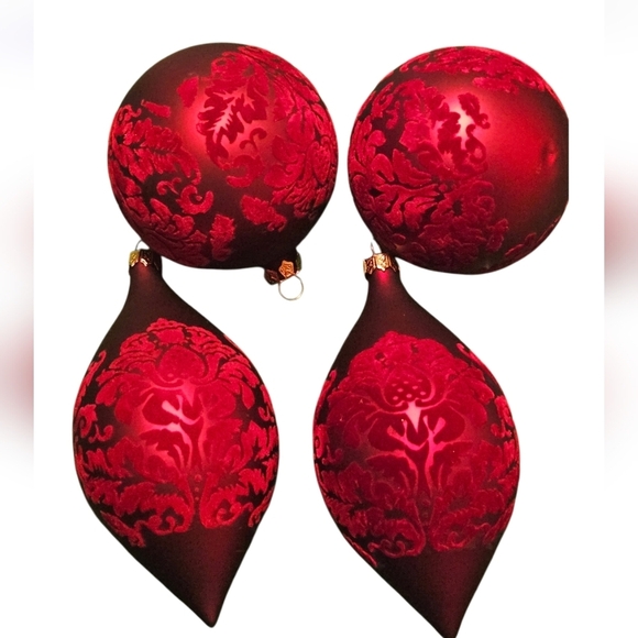 Hand Crafted Christmas Ornaments 4pc Set Red velvet upcycled ribbon Mod Podge - Picture 4 of 17